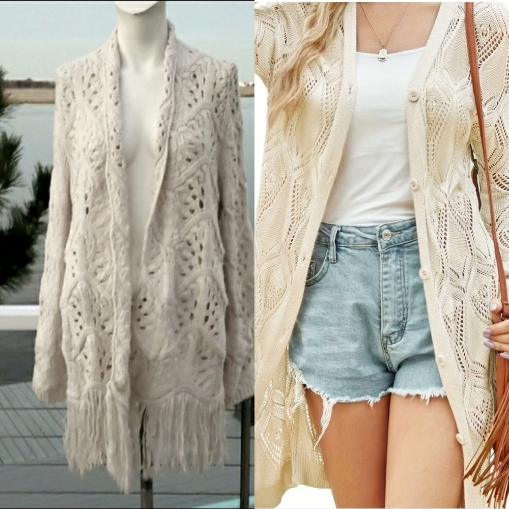 THE PARAGON Open Front Cardigan, Fringed Loose Knit Cream Color, Size L